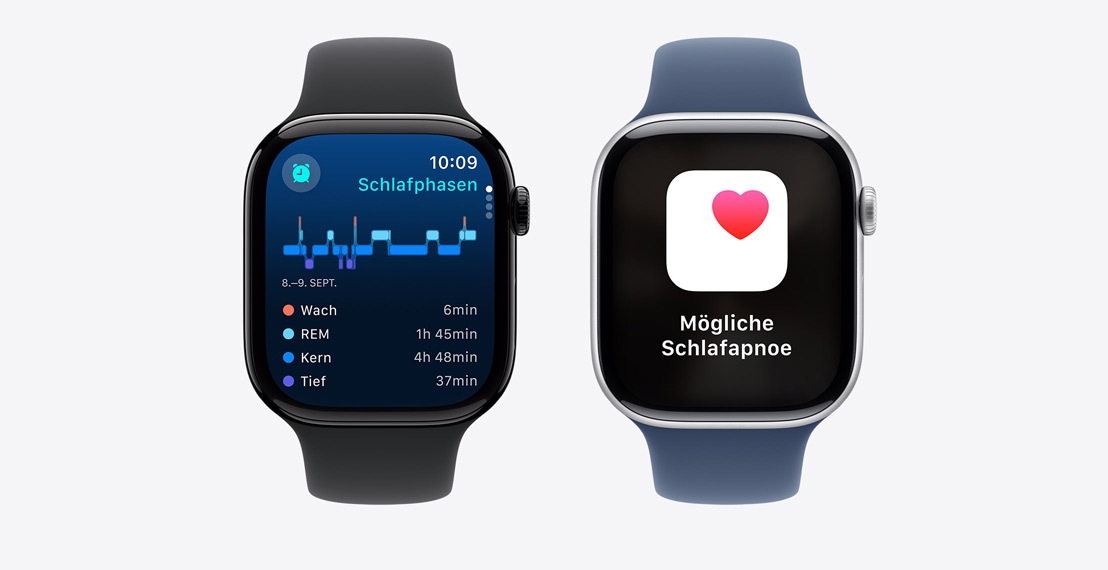 Zwei Apple Watch Series 10. Die erste zeigt Daten zu Schlafphasen. Die zweite zeigt die Mitteilung „Mögliche Schlafapnoe“.