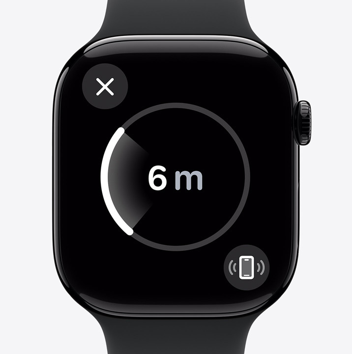 Der Genaue Suche Bildschirm auf einer Apple Watch Series 10 zeigt, dass das iPhone 6 Meter weit weg ist.