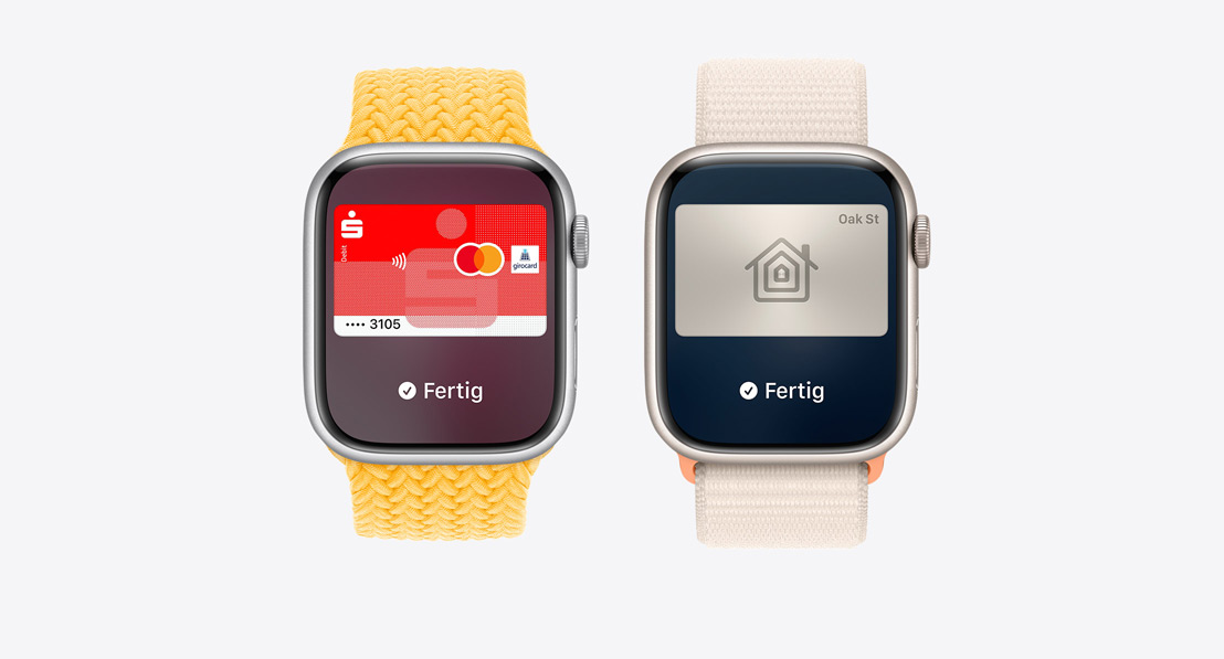 Three Apple Watch Series 9. The first shows Apple Card being used with Apple Pay. The second shows a transit card being used with the Wallet App. The third shows a home key being used through the Wallet app.