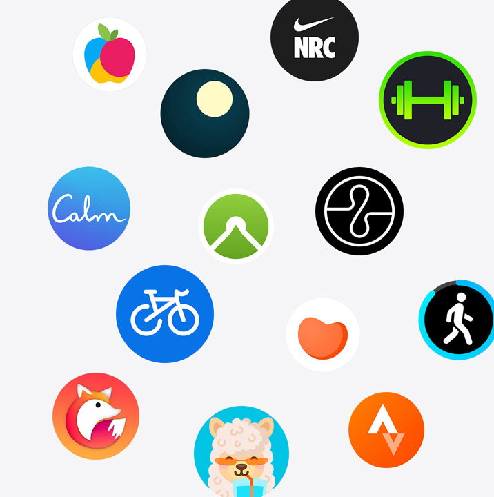 The icons of Apple Watch apps from the App Store. ChargePoint, Yelp, Nike Run Club, SmartGym, Calm, NBA, SwingVision, Oceanic+, WeChat, Waterllama, Golfshot, JetBlue, and AllTrails.