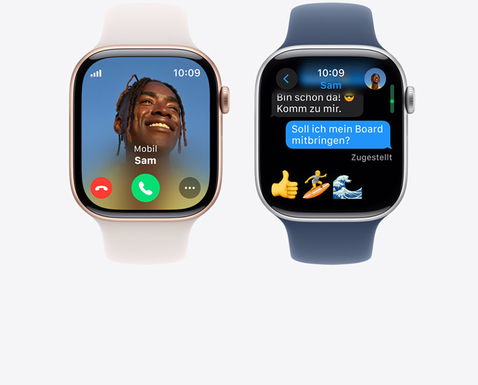 Vorderansicht von zwei Apple Watch Series 10 mit einem Anruf und einer Textnachricht.