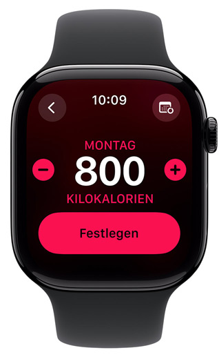 Ein Apple Watch Display zeigt ein Bewegungsziel von 800 Kalorien.