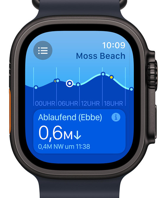 Apple Watch Ultra mit der neuen Gezeiten App auf dem Display.