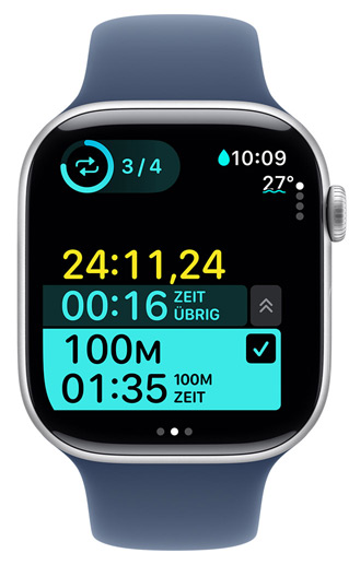 Ein Apple Watch Display zeigt das Timing eines benutzerdefinierten Schwimmtrainings im Schwimmbad