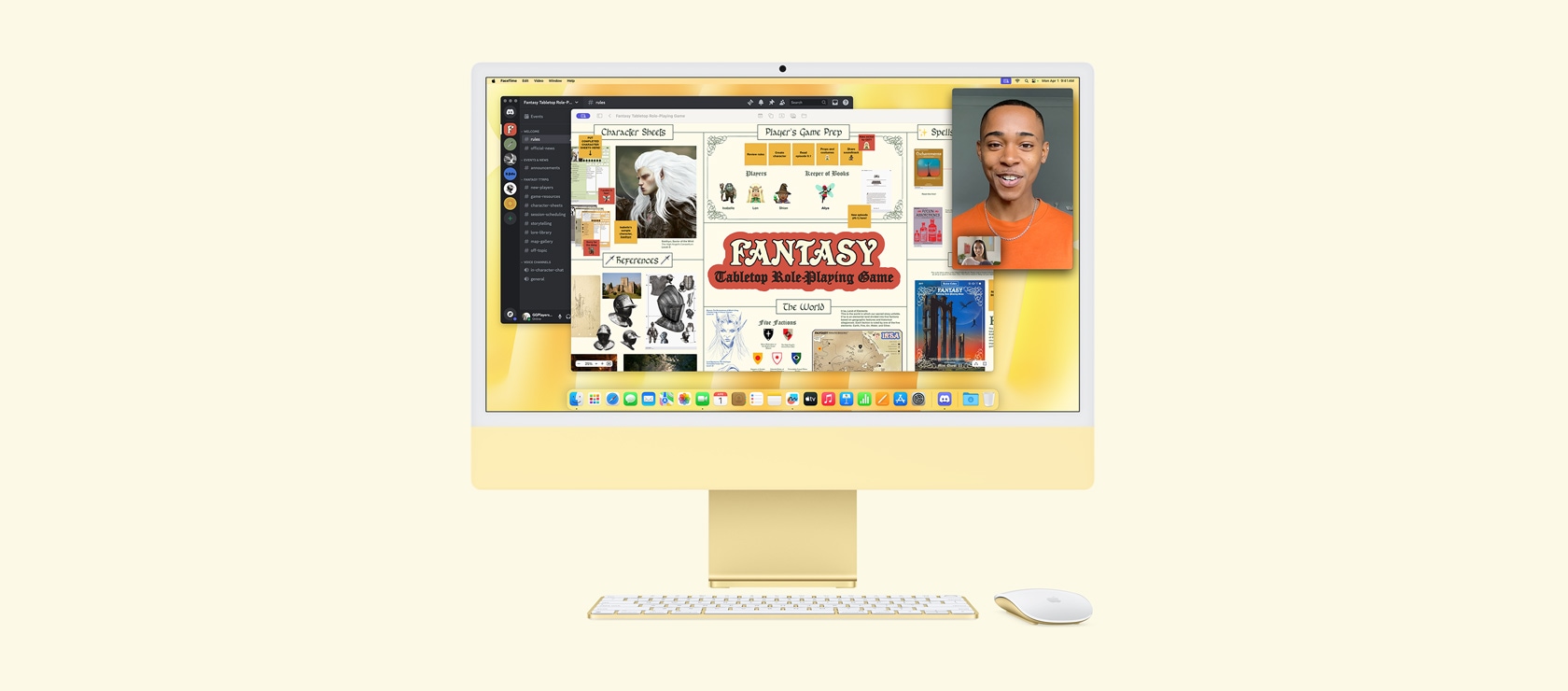 Kollane iMac. Ekraanil kuvatakse rakendusi Freeform, Discord ja FaceTime, mida kasutatakse rollimängu Fantasy Tabletop seansiks