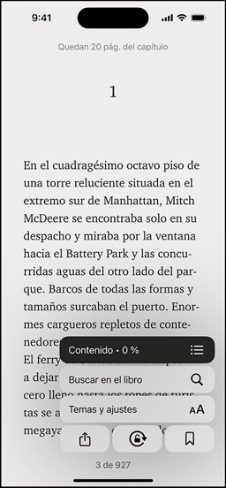 La pantalla de un iPhone muestra una página de lectura en la app Libros. Sobre ella se muestran las opciones para ampliar el texto, Buscar en el Libro y Temas y Ajustes.