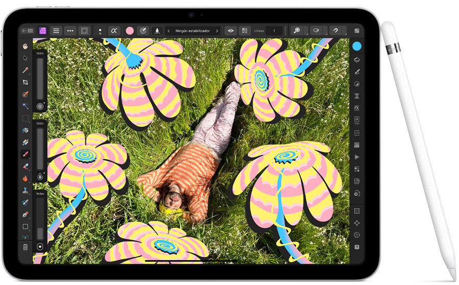 Vista horizontal del iPad de 10.ª generación que muestra una imagen en la app Affinity Photo 2 para el iPad. Al lado hay un Apple Pencil de 1.ª generación que se apoya en el iPad.
