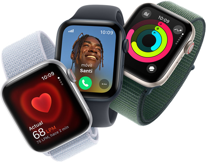 Control de la frecuencia cardiaca, una llamada entrante y los anillos de Actividad en tres modelos de Apple Watch SE