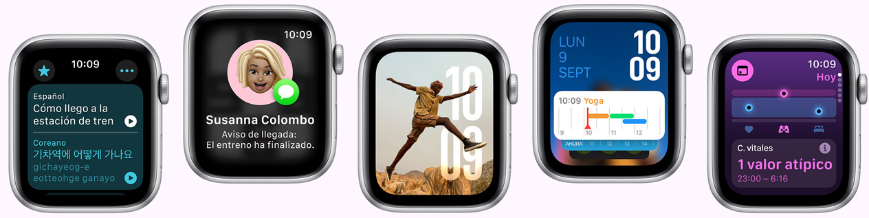 La app Traducir, la prestación Aviso de Llegada, la esfera Fotos, la esfera Modular y la app Constantes Vitales en cinco modelos de Apple Watch SE.