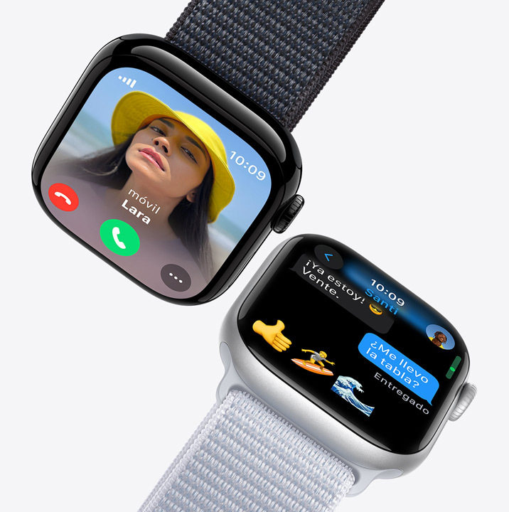 Dos modelos de Apple Watch, uno con una llamada entrante y otro con un mensaje de texto.