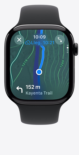 Vista frontal de la pantalla de un Apple Watch Series 10 con la app Mapas que muestra un mapa de una ruta de senderismo.