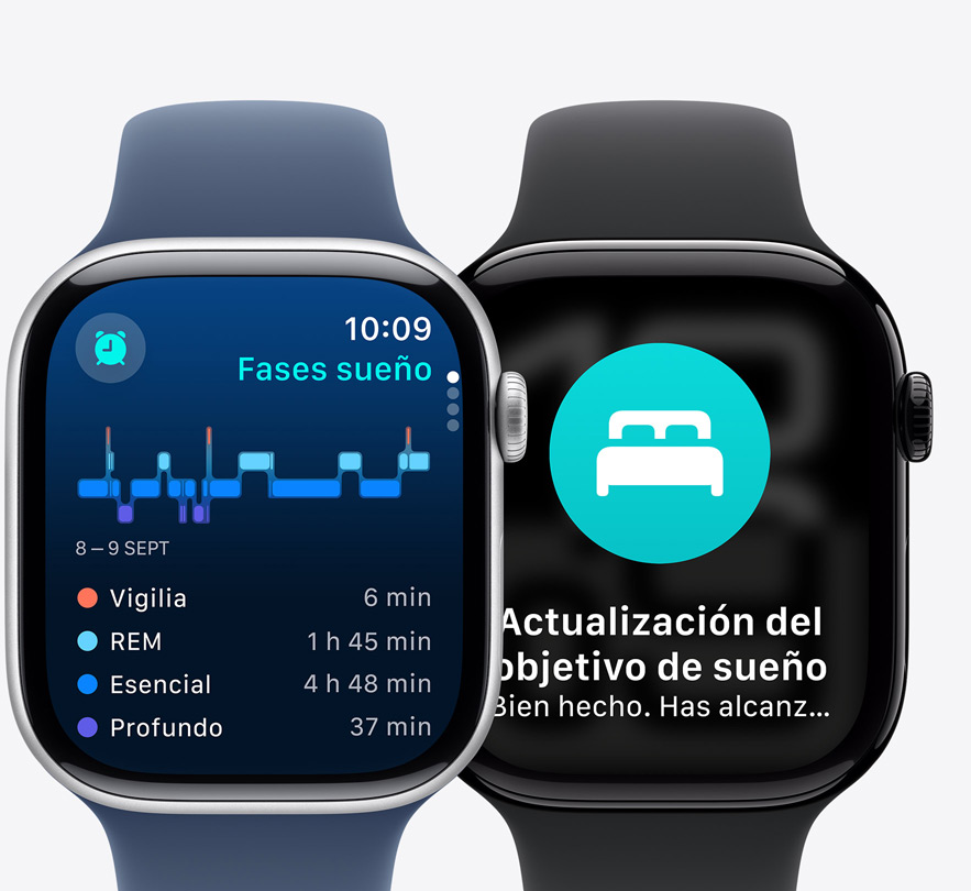 Vista frontal de dos Apple Watch Series 10 con la prestación Fases de Sueño en la pantalla y una notificación de posible apnea del sueño.