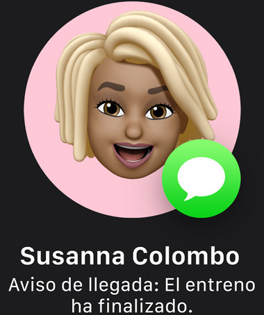 Un memoji con el icono de Mensajes indicando un Aviso de Llegada