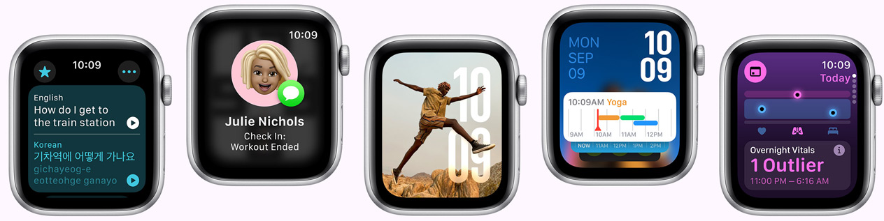 Five Apple Watch devices showing screens including Translate app, Check in app, Photos face, Modular watch face and Vitals app