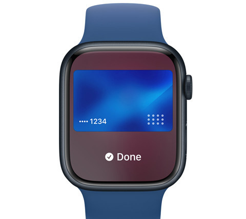 Et Apple Watch vist forfra. Brugeren har foretaget en betaling med Apple Pay.