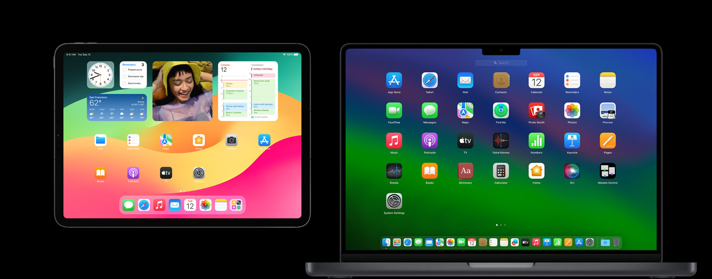 Un iPad e un Mac con varie icone di app. L’iPad mostra diversi widget, tra cui Calendario, Meteo e Foto.