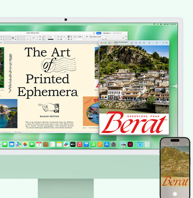 Grøn iMac og iPhone side om side. Et dokument, der er scannet på iPhone, vises på iMac-skærmen