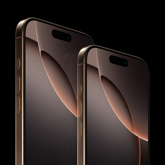 6,9" iPhone 16 Pro Max und 6,3" iPhone 16 Pro, Vorderseite, Actiontaste, Lautstärketasten, Dynamic Island oben in der Mitte