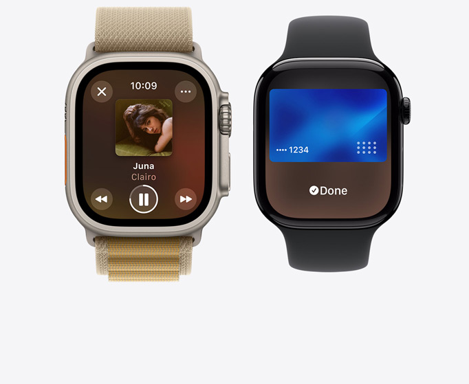 Front view of an Apple Watch Ultra 2 and Apple Watch Series 10 showing music playing and the Apple Card.