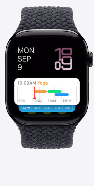  Vista frontal do Apple Watch Series 10 com o ecrã da Pilha inteligente a mostrar um widget de meteorologia.