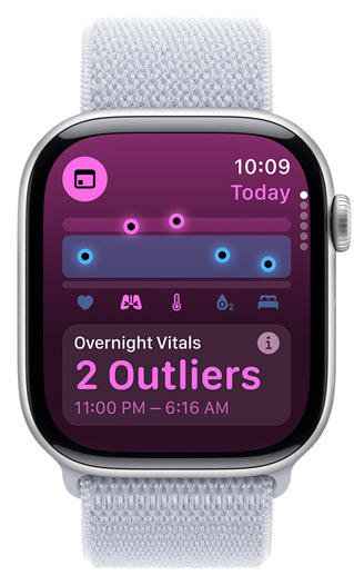Ecrã do Apple Watch a mostrar Sinais Vitais noturnos com 2 valores atípicos