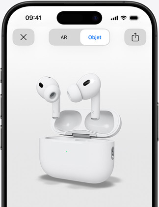 Écran d’iPhone montrant le rendu des AirPods Pro en réalité augmentée.