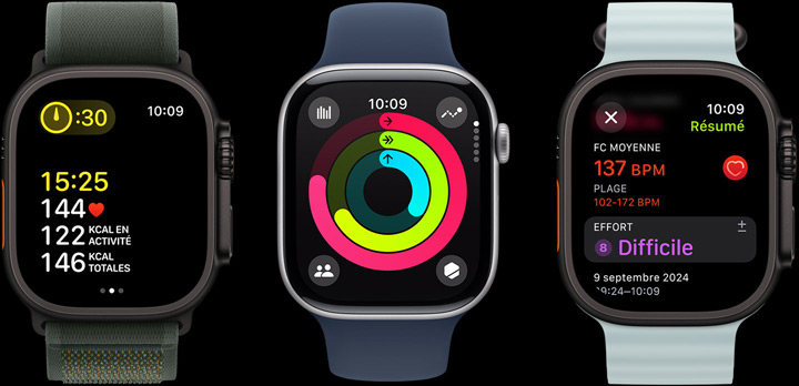 Trois Apple Watch affichant des données d’entraînement, les anneaux Activité et un bilan de séance