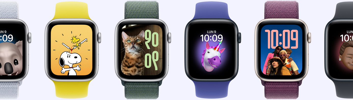 Six Apple Watch montrant différentes options de cadran dont Memoji, Photos, Portrait et Snoopy