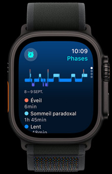 L’app Sommeil montrant le temps passé dans les phases de sommeil paradoxal, lent et profond.