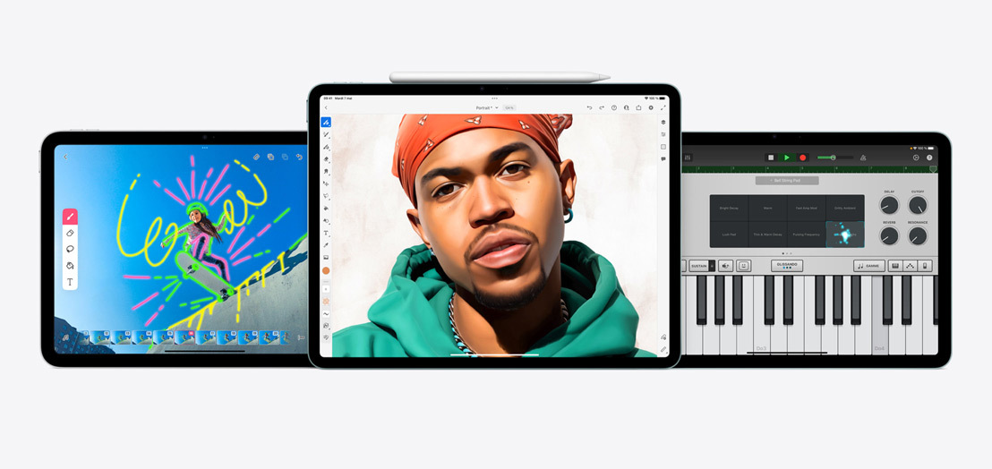 Un iPad et deux iPad Air affichant les apps FlipaClip, Adobe Fresco et GarageBand.