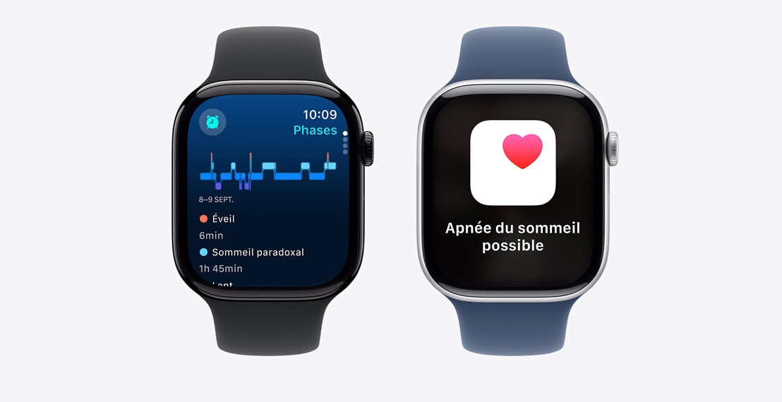 Deux Apple Watch Series 10. La première montre des données sur les phases de sommeil. La deuxième montre une notification Apnée du sommeil possible.