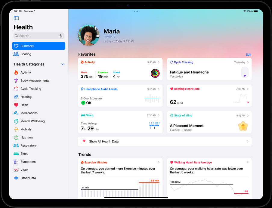 iPad Pro σε οριζόντιο προσανατολισμό, οθόνη που εμφανίζει τη σύνοψη του app Υγεία του χρήστη