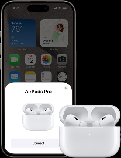 Ένα iPhone 15 Pro που παίζει μουσική δίπλα στα Airpods Pro