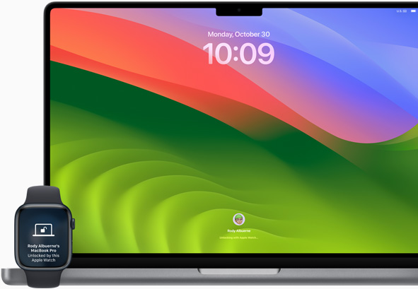 Ένας χρήστης Apple Watch συνδέεται αυτόματα στο MacBook Pro χρησιμοποιώντας το Αυτόματο Ξεκλείδωμα