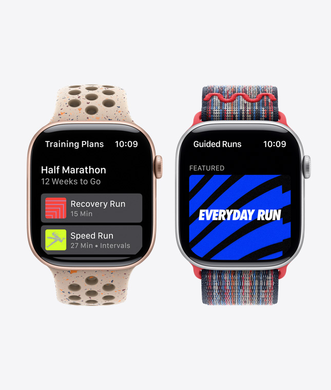 Two Apple Watch devices showing Nike Run Club features including Training Plans and Guided Runs