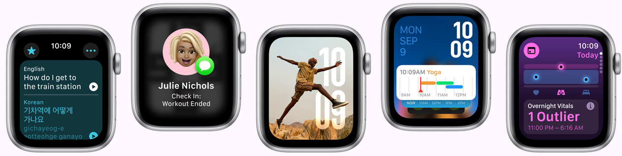 Five Apple Watch devices showing screens including Translate app, Check in app, Photos face, Modular watch face, and Vitals app