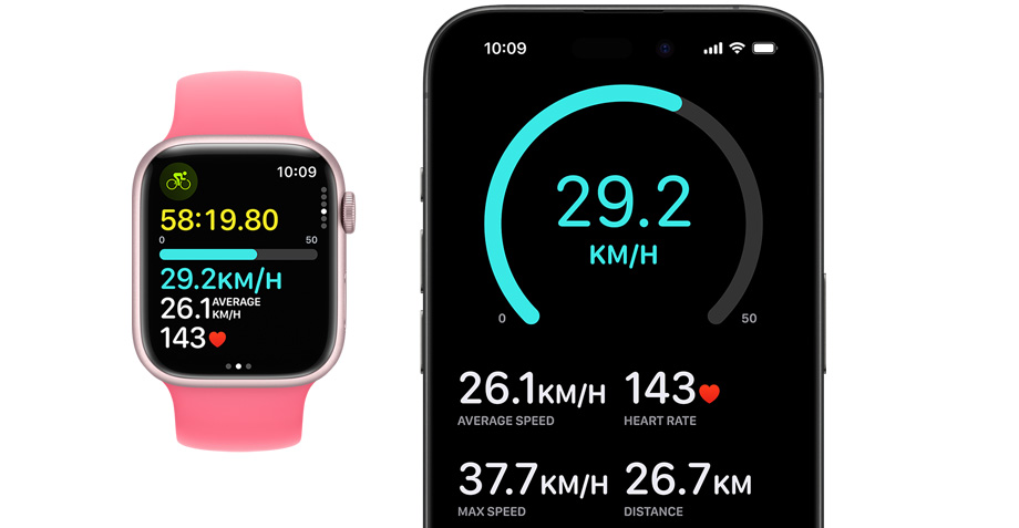 A front view of an Apple Watch and an iPhone. Someone started a workout on their watch and it appeared on their iPhone.