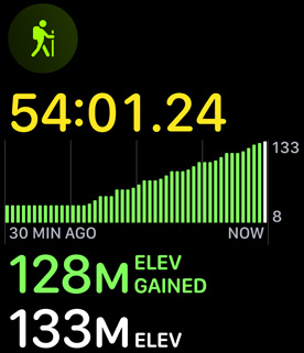 The hiking workout displaying elevation gain.