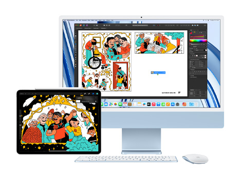 A bold and playful illustration displayed on an iPad and iMac monitor. On the iMac, the illustration is within a creative application.