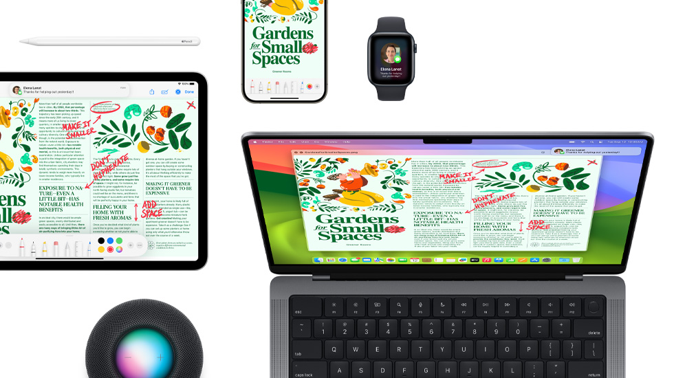 A suite of devices including an iPad, iPhone, Watch, and Mac, all featuring the same content.