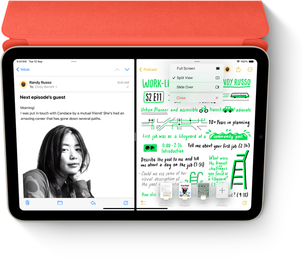 Split View of Mail message and handwritten note in Notes app on iPad with Smart Folio and Apple Pencil