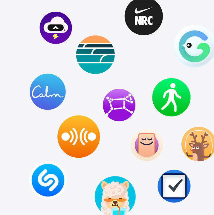 The icons of Apple Watch apps from the App Store. Calm, CARROT, Dawn Patrol, Grow, iTranslate, Night Sky,  Nike Run Club, OffScreen, Pedometer++, Shazam, Things 3, Waterllama, YaoYao