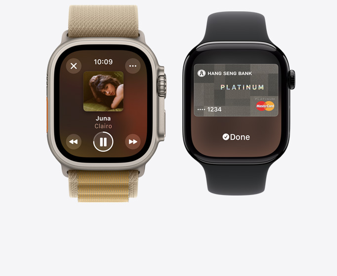 Front view of an Apple Watch Ultra 2 and Apple Watch Series 10 showing music playing and a generic card using Apple Pay.