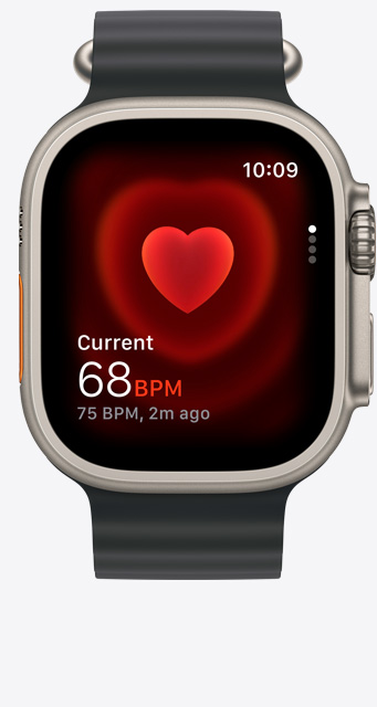 Front view of the Heart Rate app screen on Apple Watch Ultra 2 showing current beats per minute at 68.