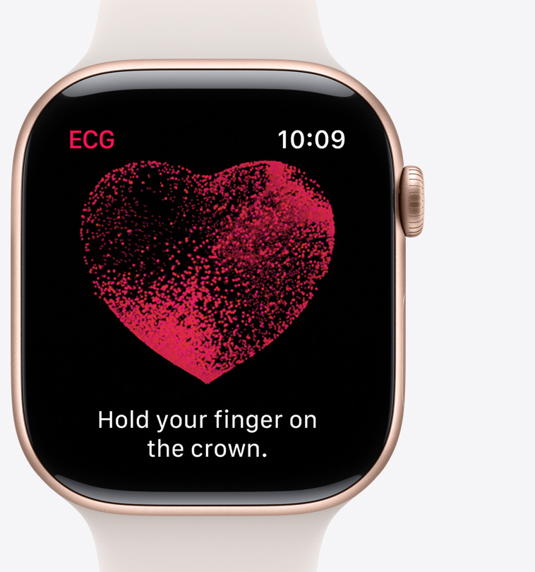 Front view of the Blood Oxygen app on Apple Watch Series 10 showing a waveform and the countdown timer at 8 seconds.