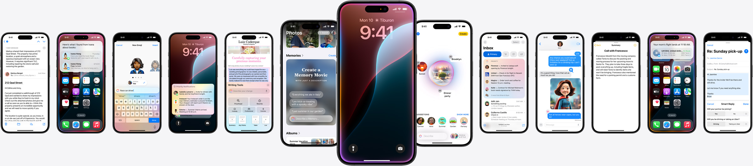 Gambar statis beberapa iPhones yang menampilkan fitur Apple Intelligence.