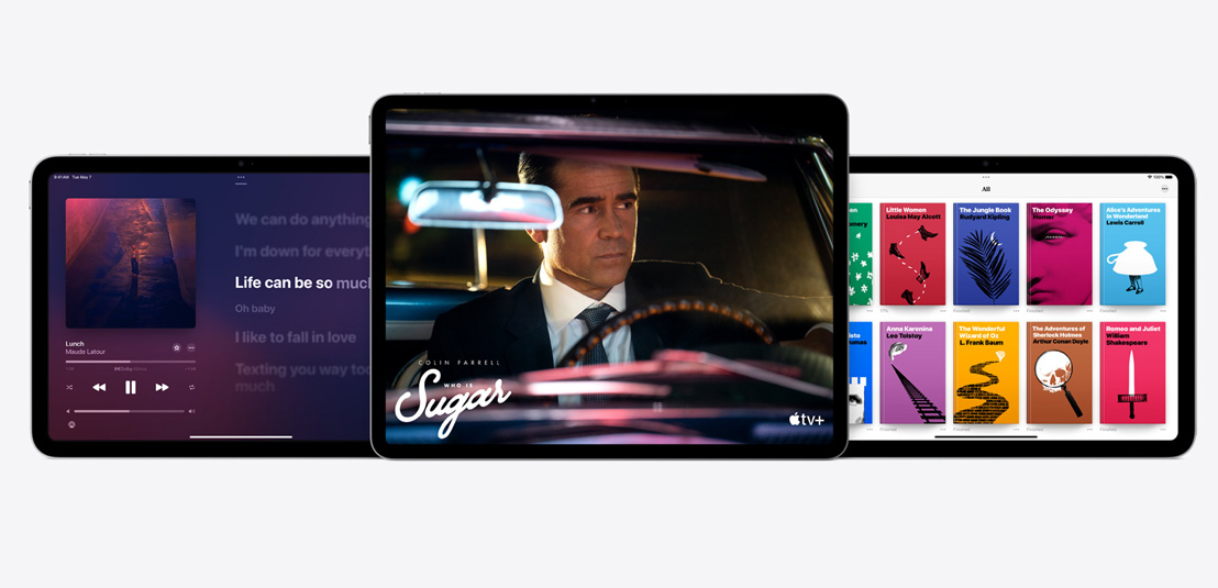 Dua iPad dan satu iPad Air yang memperlihatkan aplikasi Apple Music, Apple TV+, dan Apple Books.
