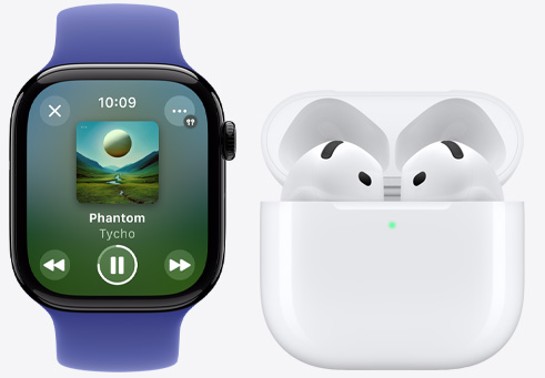 Apple Watch Series 10 memutar lagu di samping AirPods 4.