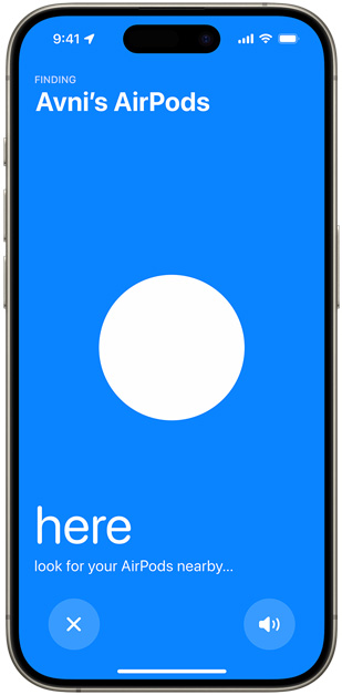 iPhone shows blue screen that appears while locating AirPods using Find My, white dot indicates location of AirPods releative to iPhone.