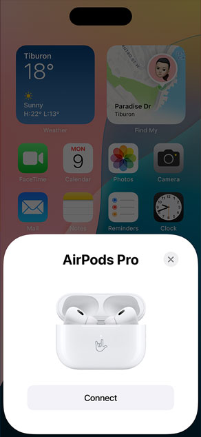 MagSafe Charging Case holding AirPods Pro next to iPhone. Small tile on iPhone home screen displays pop-up with connect button that easily pairs AirPods when tapped.